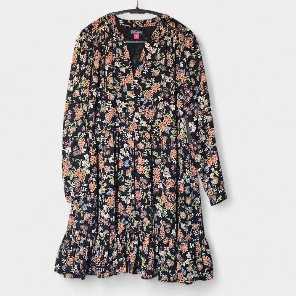 Vince Camuto Floral Print Babydoll Mini Dress M Black Multi Ruffle Fall Boho NWT